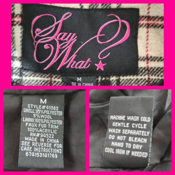 Say What? Plaid Toggle Coat w/ Faux Fur Hood Women’s M Beige Red Black - Picture 11 of 12